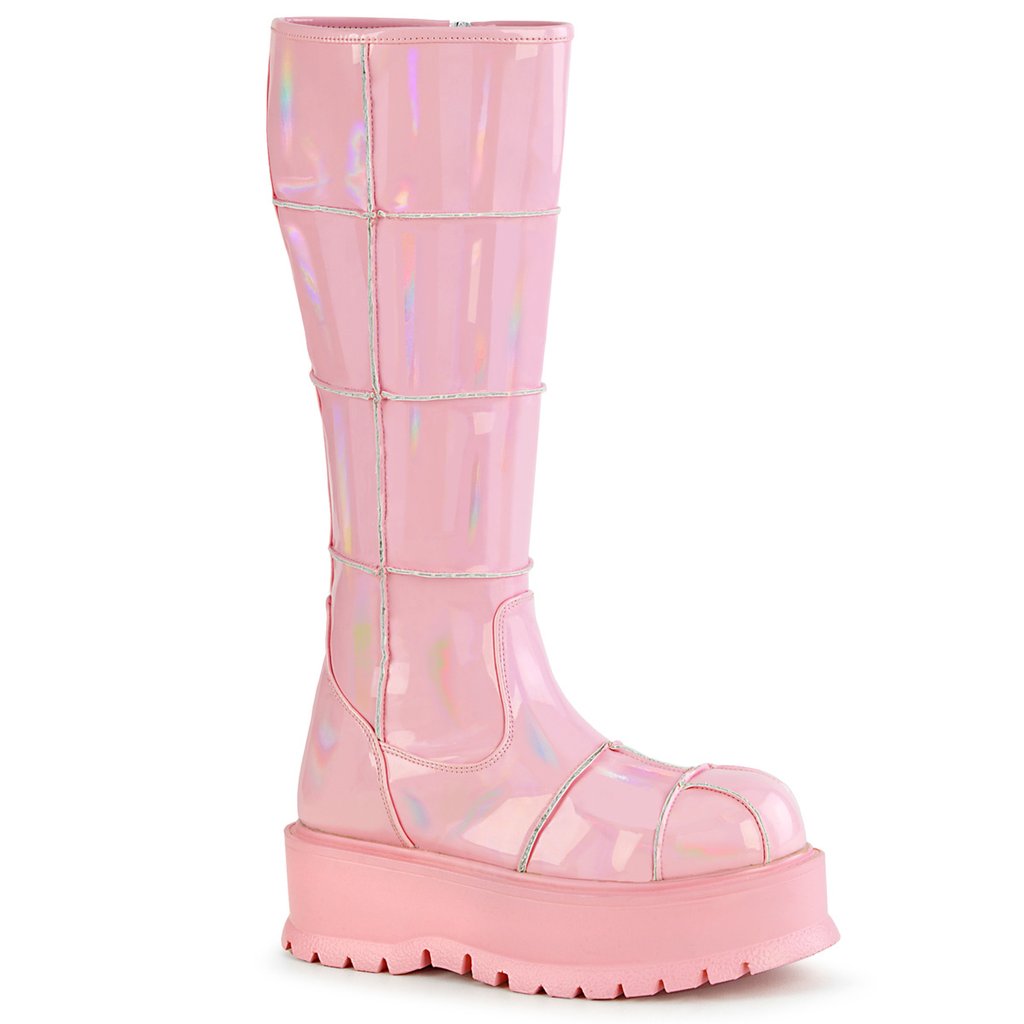 Bottes Hauteur Genoux Demonia Slacker 230 Hologramme Brevet Femme - Rose 56493-WLNS